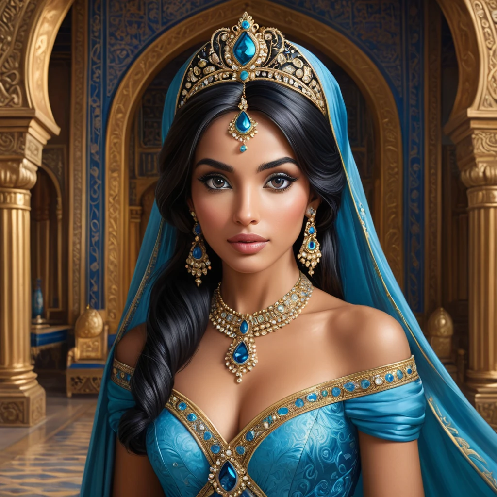 A regal portrait of Princess Jasmine, her eyes sparkling with curiosity and strength, dressed in her iconic blue gown, set against the opulent backdrop of the Sultan's palace.