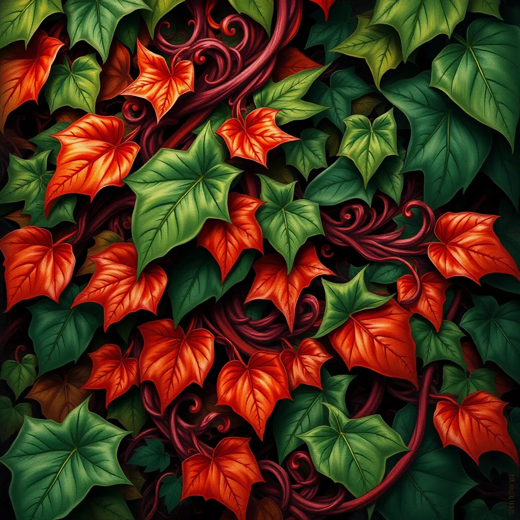 An abstract depiction of Poison Ivy, its leaves morphing into fluid shapes that intertwine and dance, colors shifting from deep green to fiery red as if alive with movement.