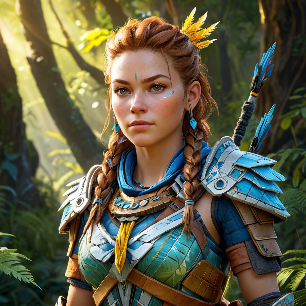 Aloy from Horizon Zero Dawn, standing amidst a vibrant, overgrown forest, her bow in hand, sunlight filtering through the leaves to cast a golden glow on her determined face, detailed armor reflecting the dappled light