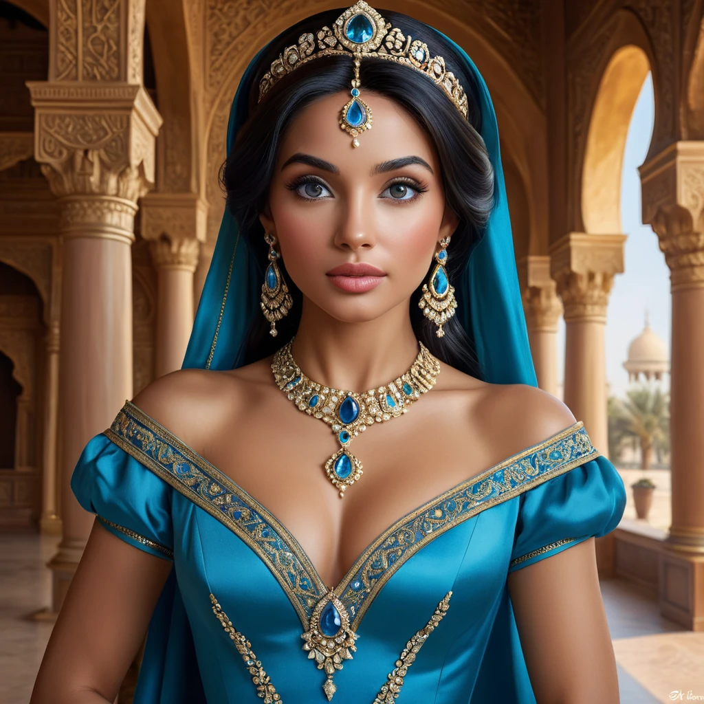 A regal portrait of Princess Jasmine, her eyes sparkling with curiosity and strength, dressed in her iconic blue gown, set against the opulent backdrop of the Sultan's palace.