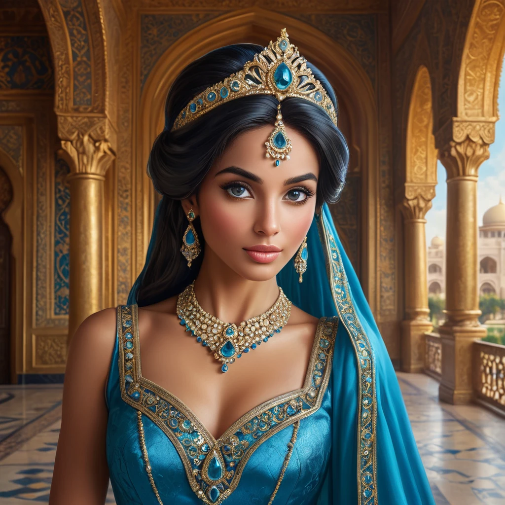 A regal portrait of Princess Jasmine, her eyes sparkling with curiosity and strength, dressed in her iconic blue gown, set against the opulent backdrop of the Sultan's palace.