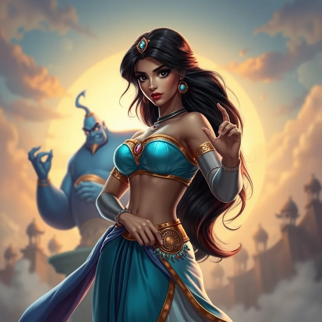 A dynamic action pose of Princess Jasmine, her expression fierce as she stands protectively over her kingdom, with the iconic Genie watching over her in the background.