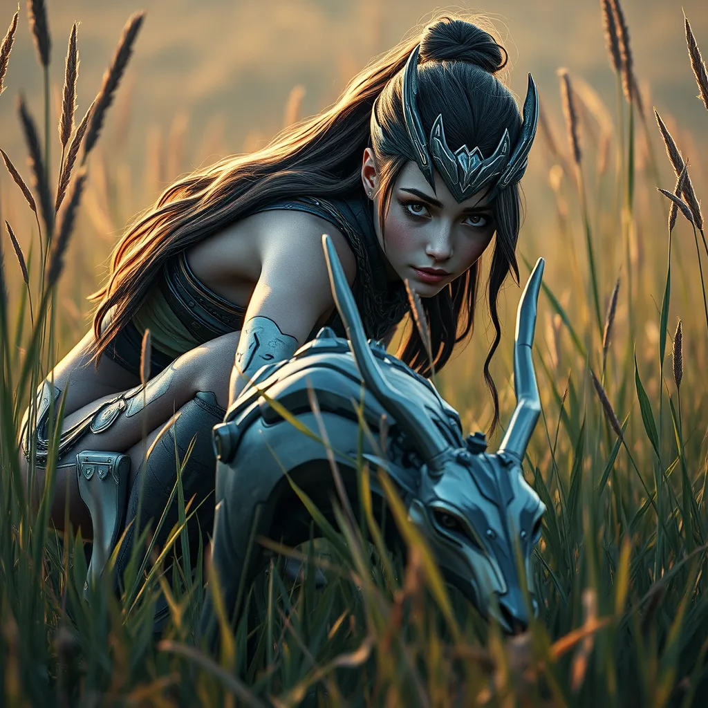 Aloy, crouched low in a field of tall grass, her eyes alert, a sleek, metallic machine deer grazing nearby, the environment rich with color and detail, emphasizing her camouflage and stealth