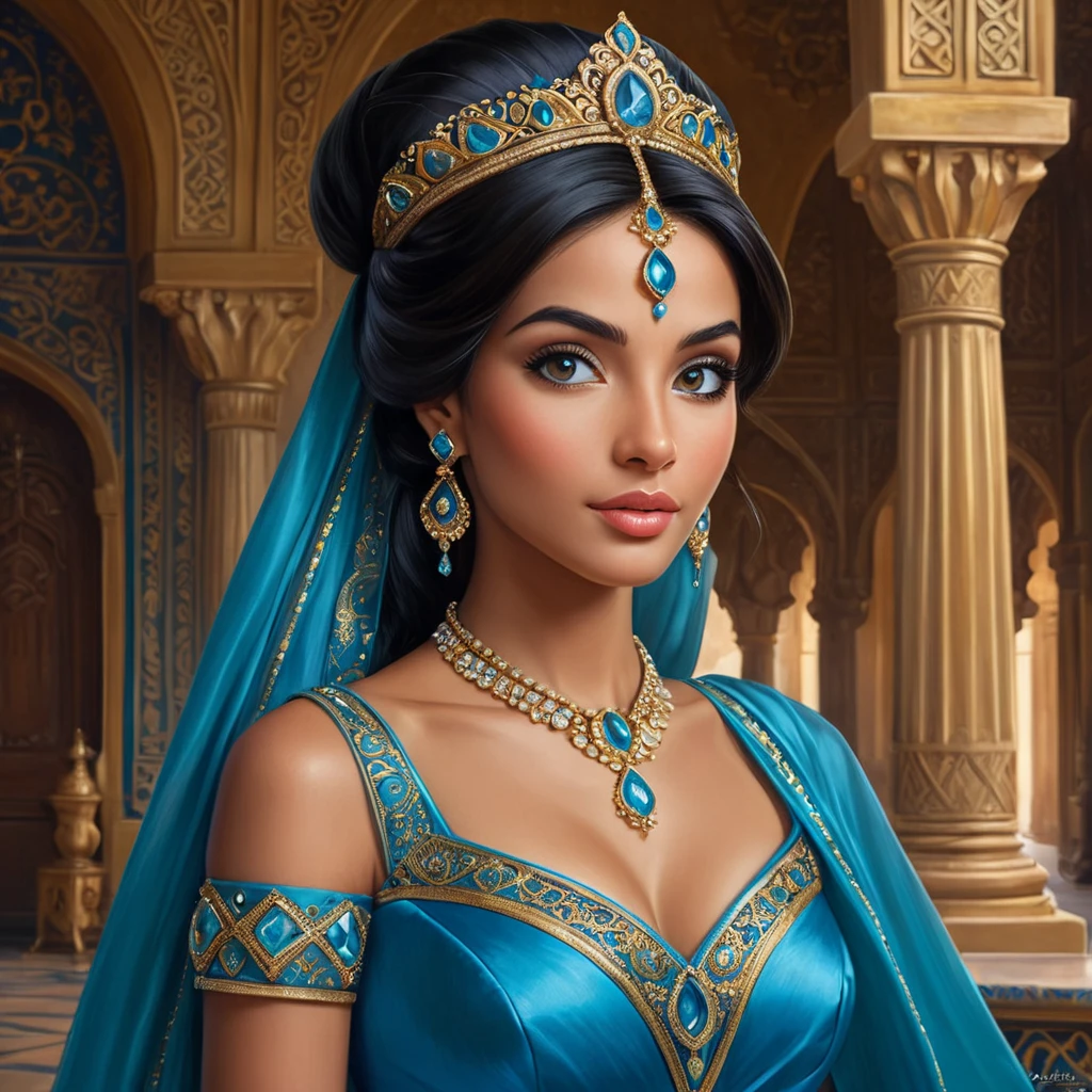 A regal portrait of Princess Jasmine, her eyes sparkling with curiosity and strength, dressed in her iconic blue gown, set against the opulent backdrop of the Sultan's palace.