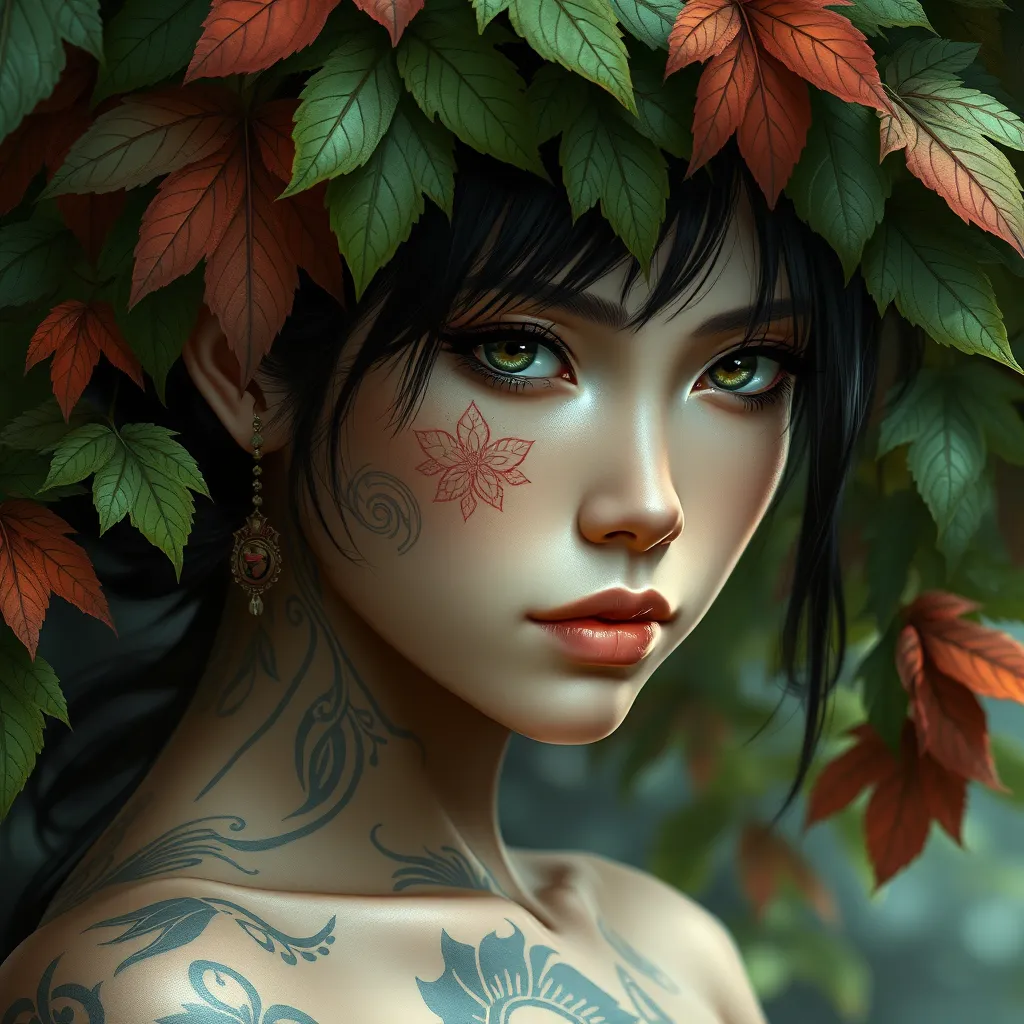 A close-up of Princess Mononoke's face, her features delicate yet strong, with intricate tattoos symbolizing her connection to nature, under a canopy of vibrant leaves.