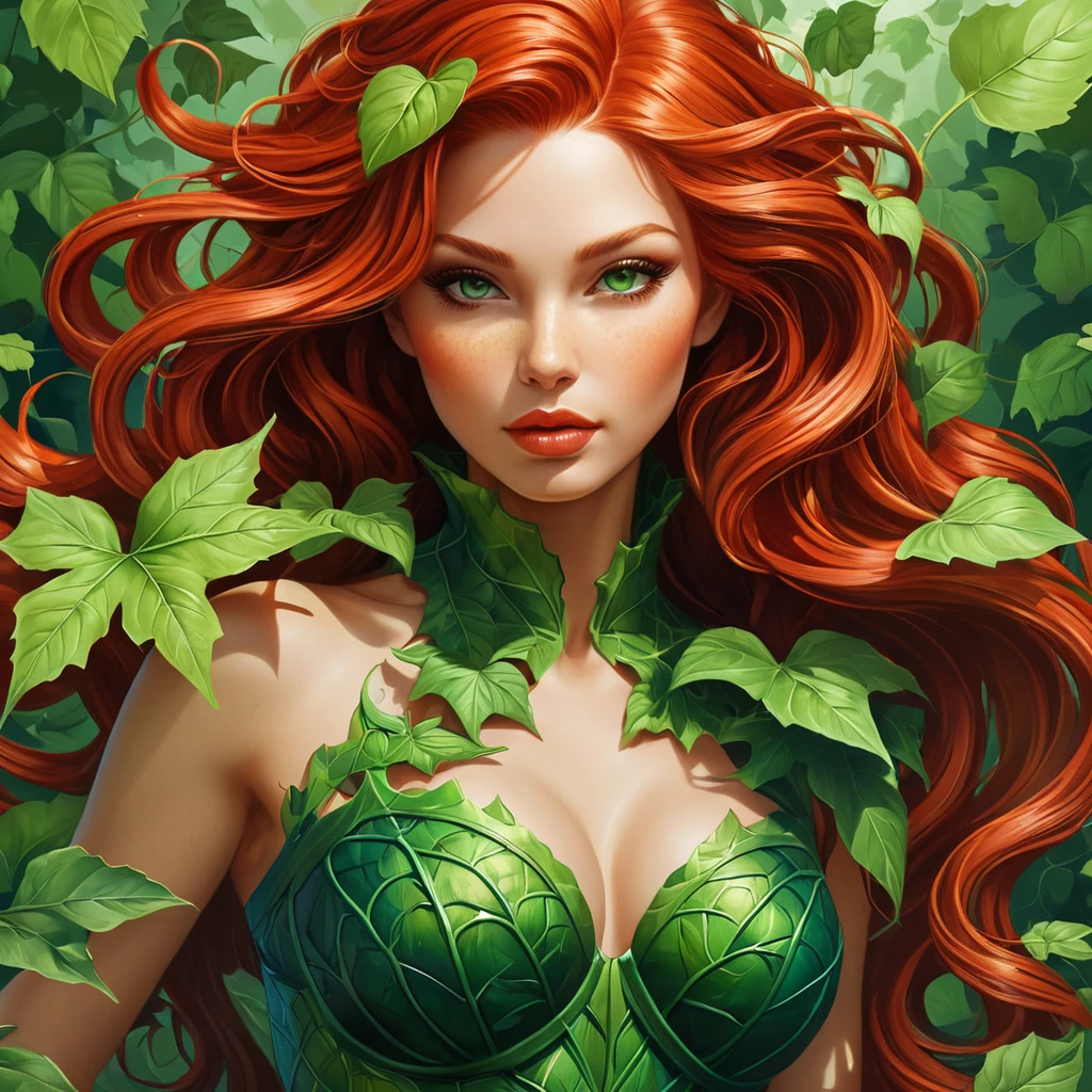 An abstract depiction of Poison Ivy, its leaves morphing into fluid shapes that intertwine and dance, colors shifting from deep green to fiery red as if alive with movement.