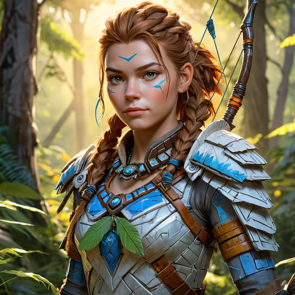 Aloy from Horizon Zero Dawn, standing amidst a vibrant, overgrown forest, her bow in hand, sunlight filtering through the leaves to cast a golden glow on her determined face, detailed armor reflecting the dappled light