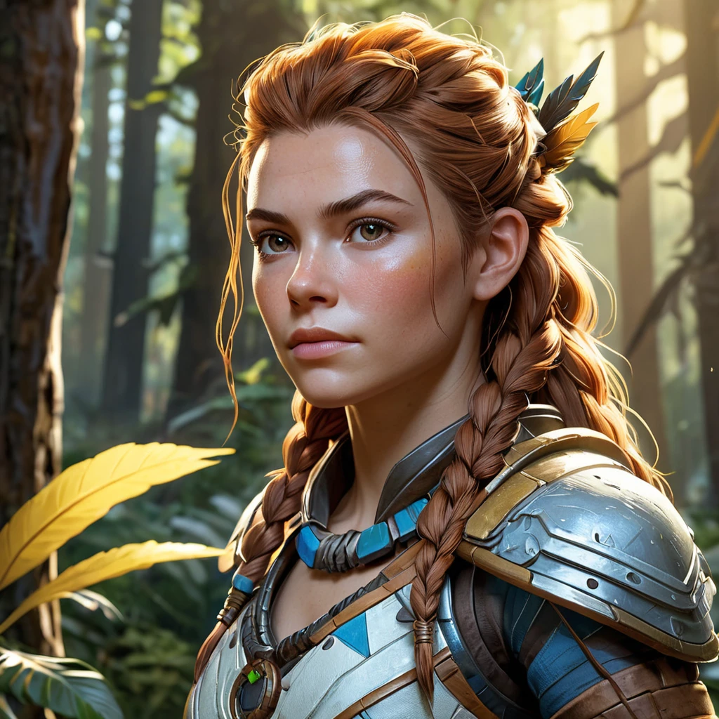 Aloy from Horizon Zero Dawn, standing amidst a vibrant, overgrown forest, her bow in hand, sunlight filtering through the leaves to cast a golden glow on her determined face, detailed armor reflecting the dappled light