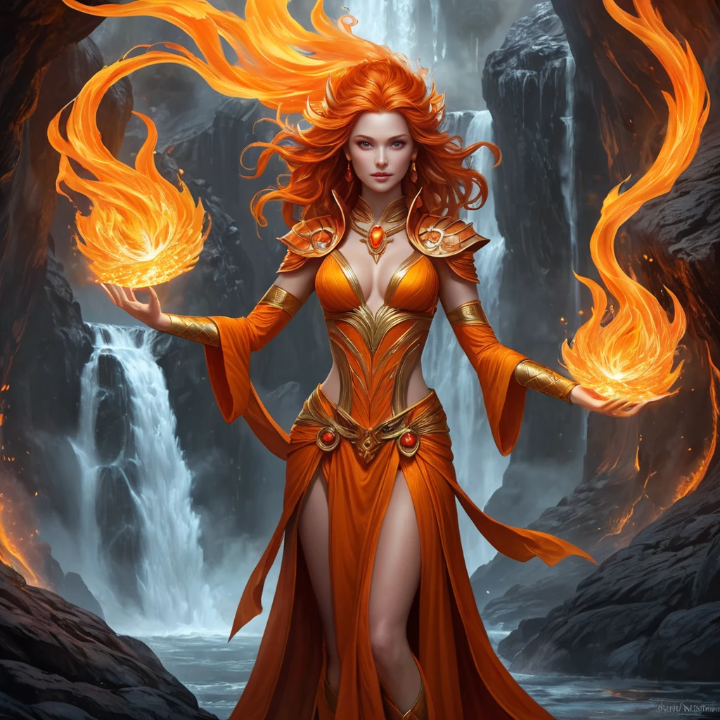 A captivating female fire sorceress, standing at the center of a mystical, floating island of fire, surrounded by cascading waterfalls of lava, her attire a masterpiece of fiery design, her stance regal, embodying the essence of fire magic.