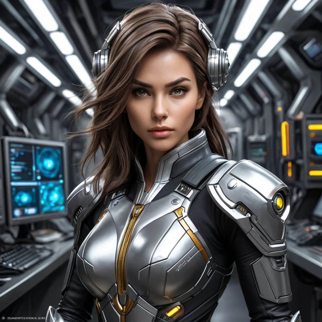 An exquisite female rogue from StarCraft, depicted in a high-tech, underground laboratory, surrounded by advanced machinery and flickering computer screens, her attire a blend of sleek leather and metallic accents, her expression both fierce and focused.