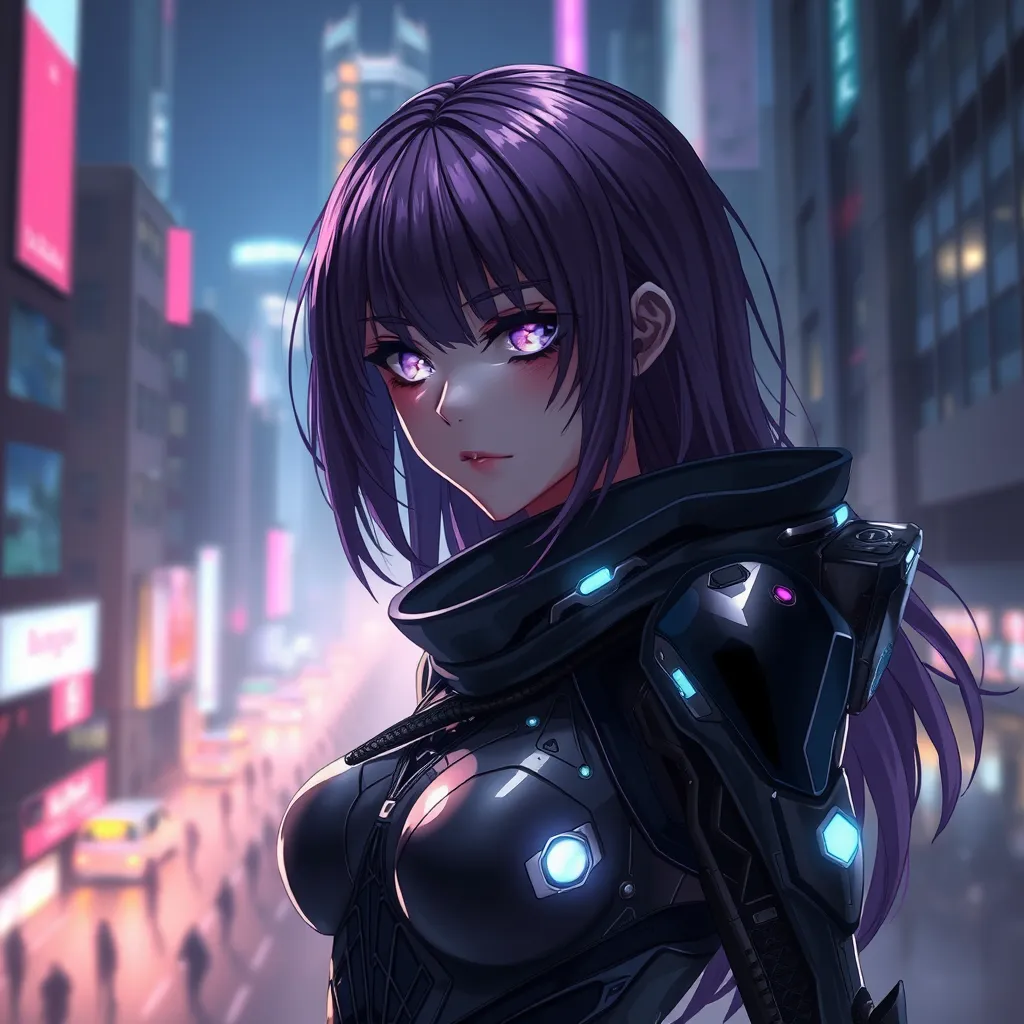 A mysterious anime character with deep purple hair, wearing a futuristic cybernetic suit, standing in a neon-lit cityscape at night, the glow reflecting off her eyes which seem to hold the secrets of the universe.