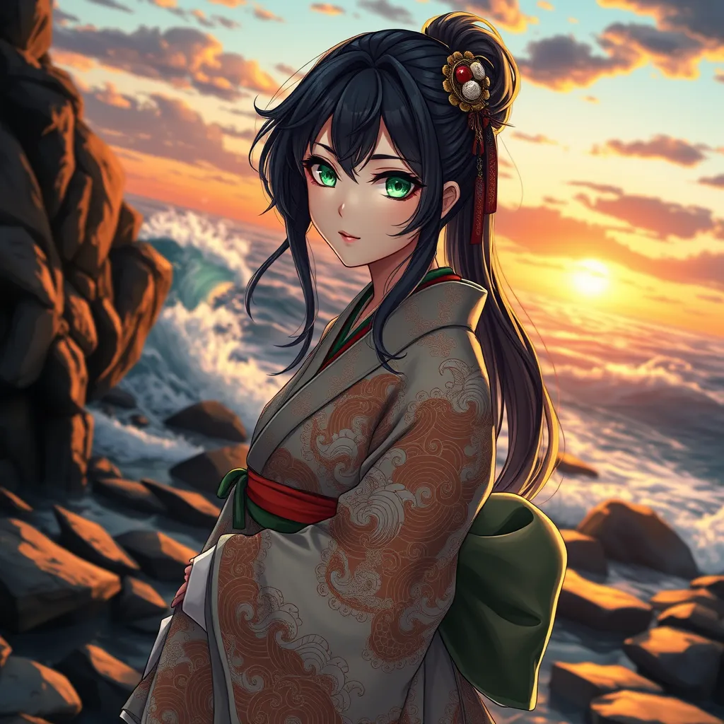 An anime character with striking emerald eyes, dressed in a traditional Japanese kimono adorned with intricate patterns of waves and dragons, standing on a rocky shore at sunset, the ocean waves crashing behind her.