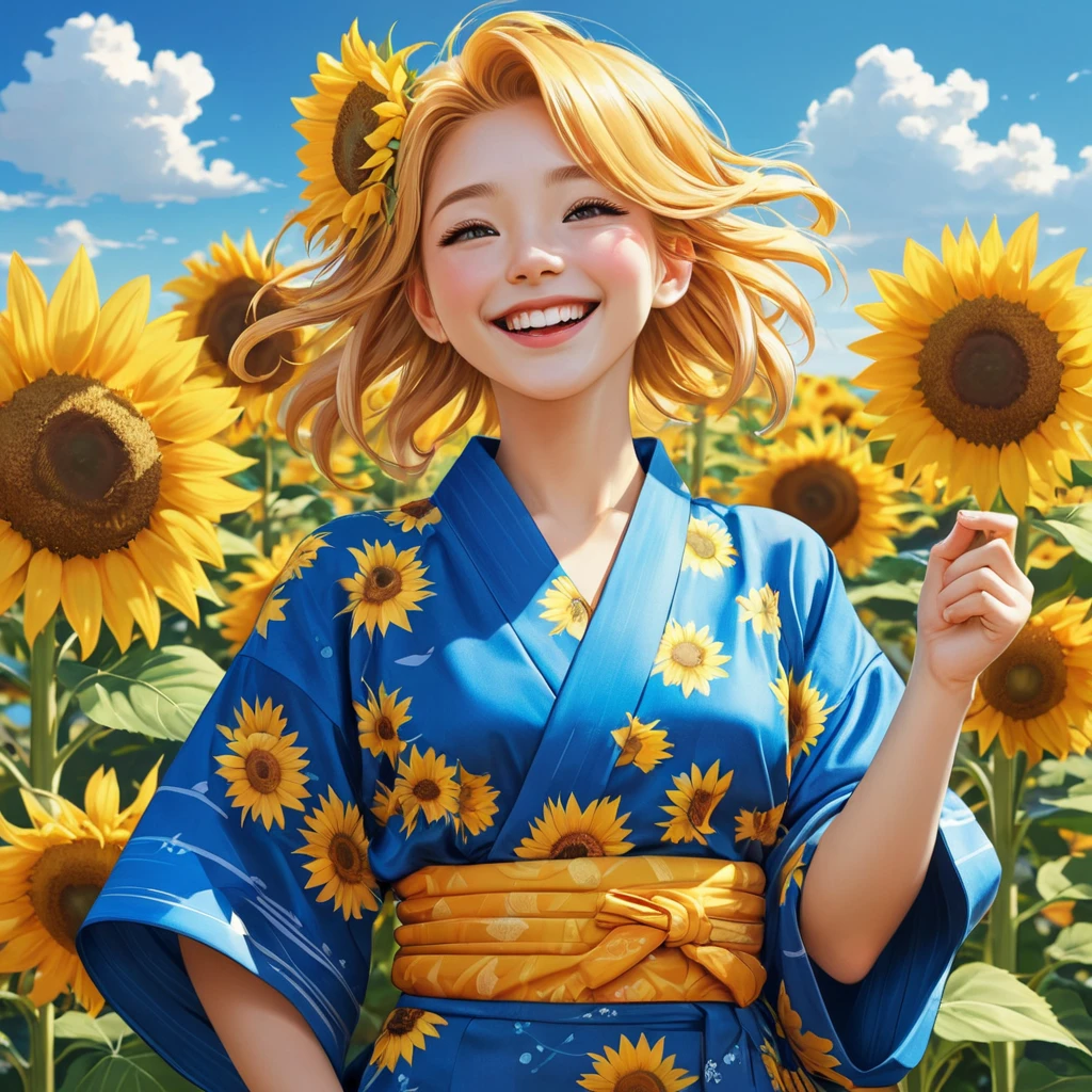 A cheerful anime character with bright golden hair, dressed in a vibrant yukata, surrounded by a field of sunflowers under a clear blue sky, her laughter echoing through the fields.