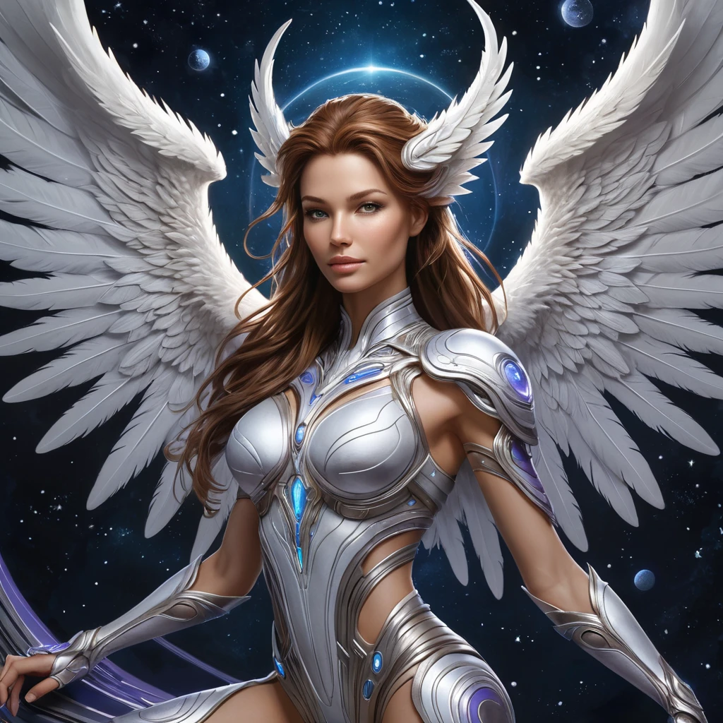 Sarah Kerrigan in a serene, almost angelic pose, her traditional Zerg features softened by a gentle, luminescent aura, standing atop a crystalline platform floating above a sea of stars, her wings spread wide, each feather detailed with the intricate patterns of Zerg symbology.