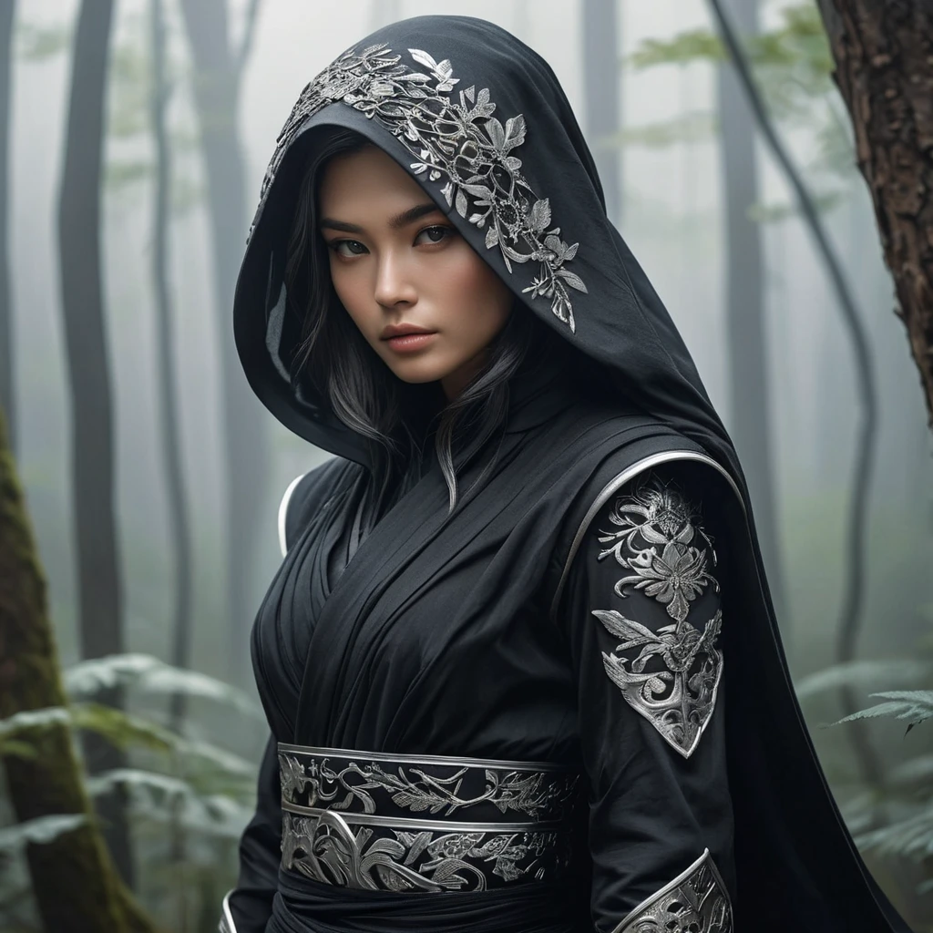 A captivating female ninja concealed within a mist-laden forest, her features partially obscured by a veil of fog, her attire a mix of stealthy dark fabrics and intricate silver detailing, the environment around her both haunting and enchanting