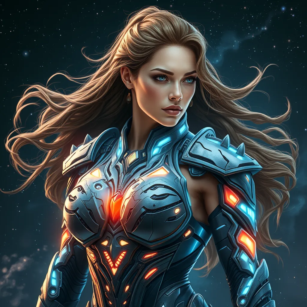 A portrait of Sarah Kerrigan as a powerful yet graceful warrior, her body adorned with intricate, biomechanical armor that pulsates with a soft, bioluminescent glow, her hair flowing like tendrils of smoke, captured in a moment of intense focus, with a backdrop of a star-filled galaxy.