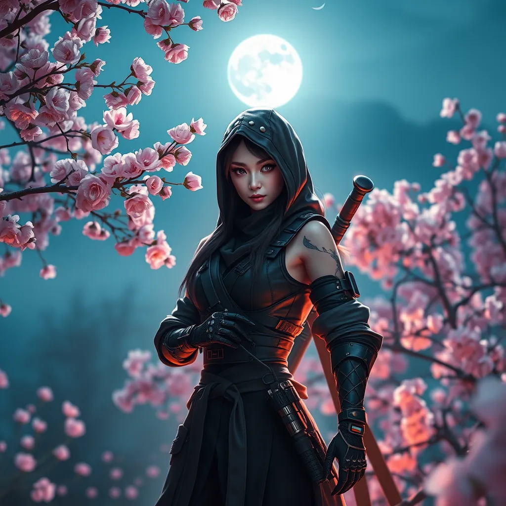 A beautiful female ninja standing amidst a serene cherry blossom garden under a full moon, her outfit a blend of traditional Japanese attire and modern tactical gear, her eyes sharp and focused, with soft, ethereal lighting enhancing her mysterious presence