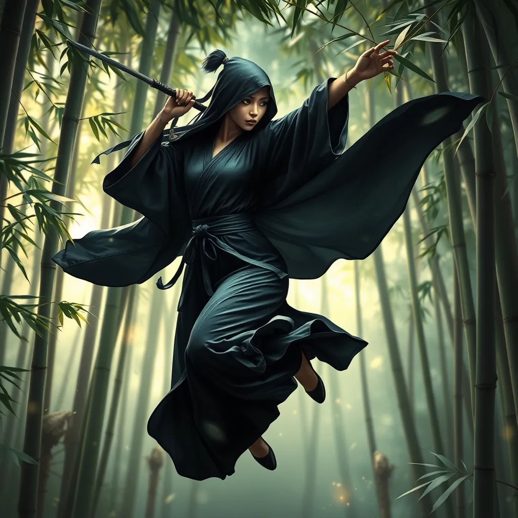 A breathtaking female ninja in a flowing, midnight-black kimono, gracefully leaping through a bamboo forest, the leaves shimmering with a magical glow, her movements fluid and precise, capturing the essence of both beauty and deadly skill