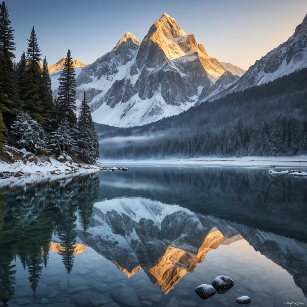 A serene mountain lake at dawn, surrounded by towering peaks dusted with snow, their reflections shimmering on the still water's surface.