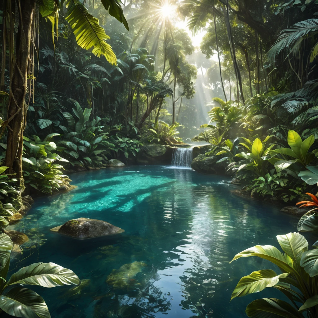 A lush, overgrown jungle clearing, where sunlight filters through dense foliage, illuminating a crystal-clear pool teeming with exotic wildlife.