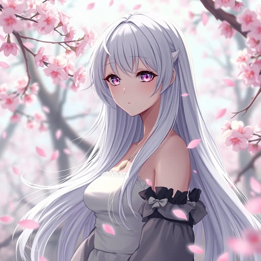 A serene anime character with long silver hair, standing amidst a cherry blossom forest, the petals swirling around her in a gentle breeze, her eyes reflecting the soft pink hues of the blossoms.