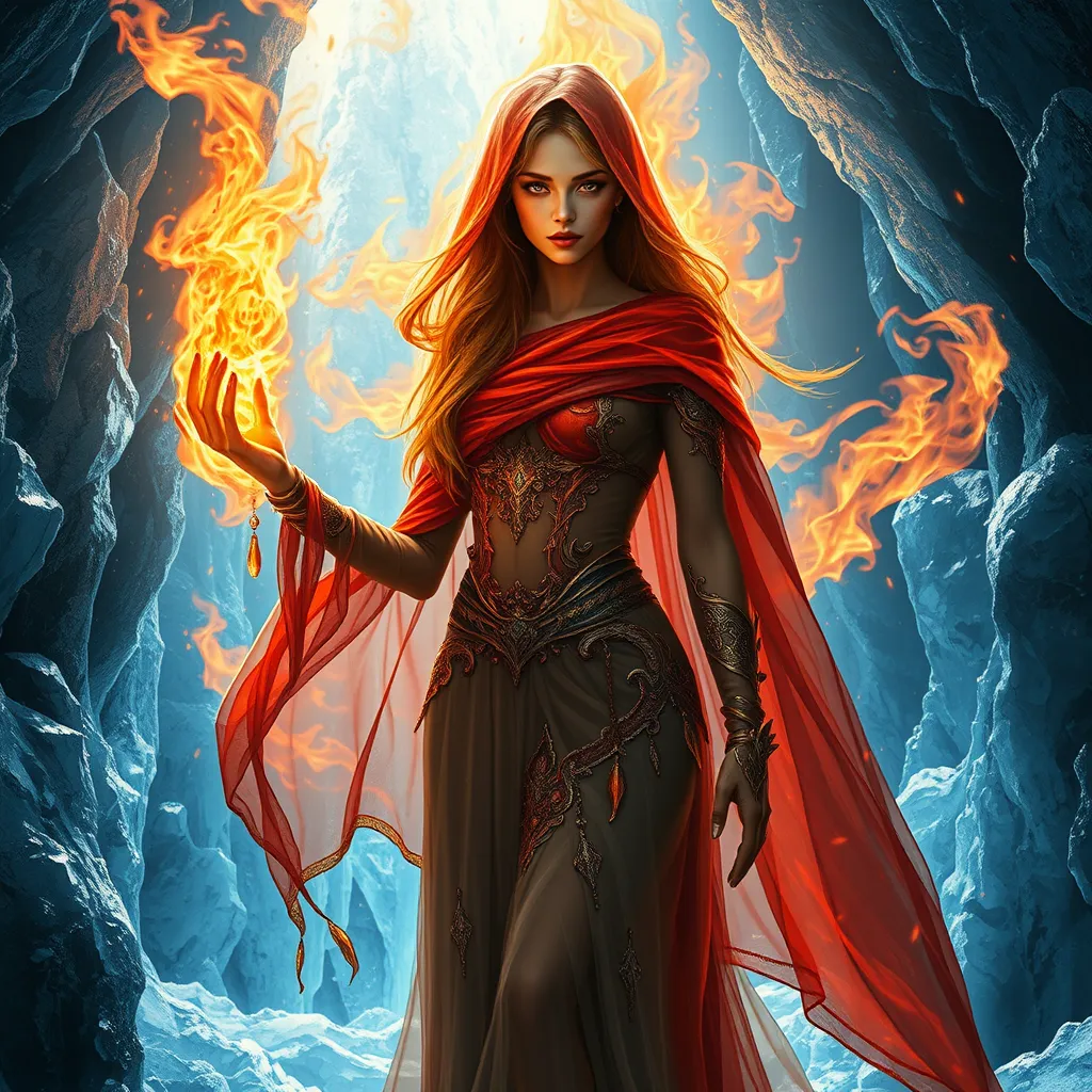 A mesmerizing female fire sorceress, cloaked in a veil of shimmering fire, standing within a cavern of crystal-clear ice, her presence causing the air to shimmer with heat, her eyes reflecting both fire and ice, a paradox of power.