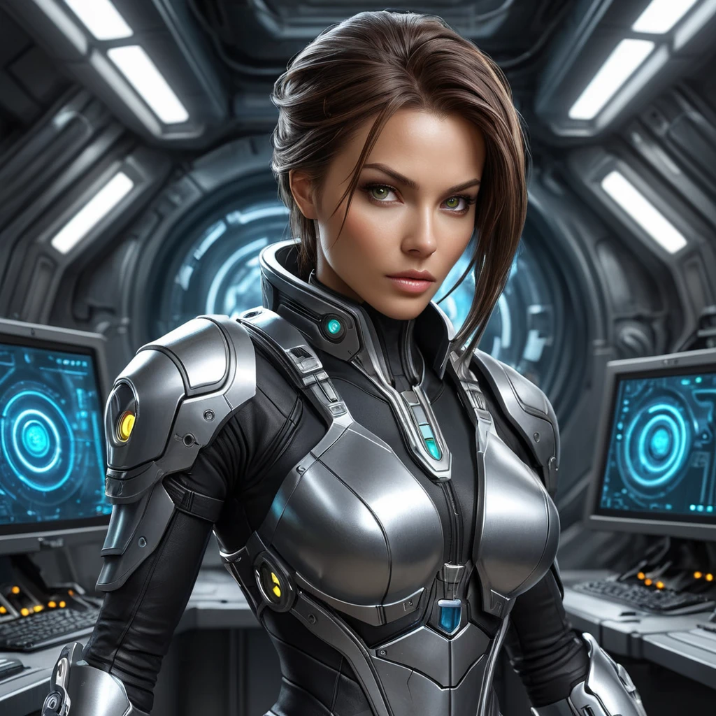 An exquisite female rogue from StarCraft, depicted in a high-tech, underground laboratory, surrounded by advanced machinery and flickering computer screens, her attire a blend of sleek leather and metallic accents, her expression both fierce and focused.