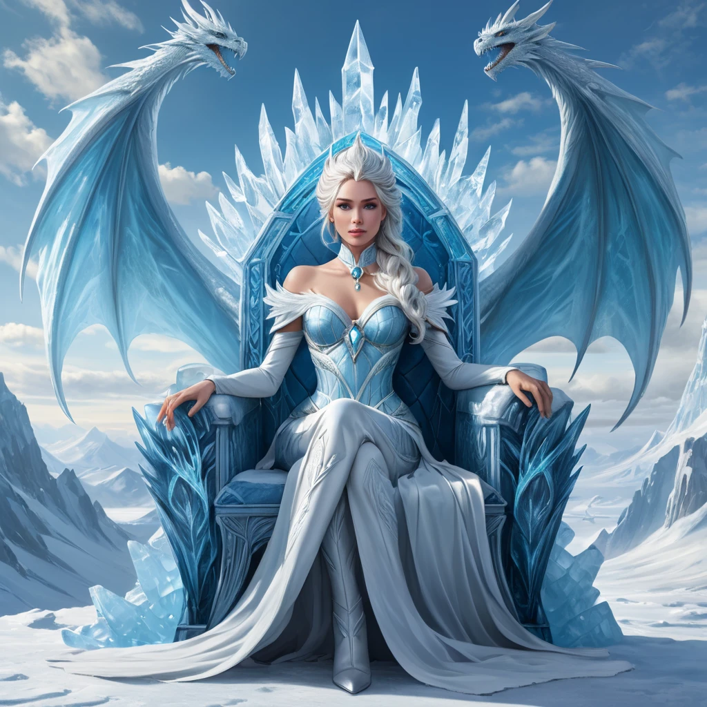 A majestic view of a female ice sorceress seated on a throne made of ice, her presence commanding and regal, with ice dragons circling above her in a frozen sky, the landscape below a vast, icy tundra.