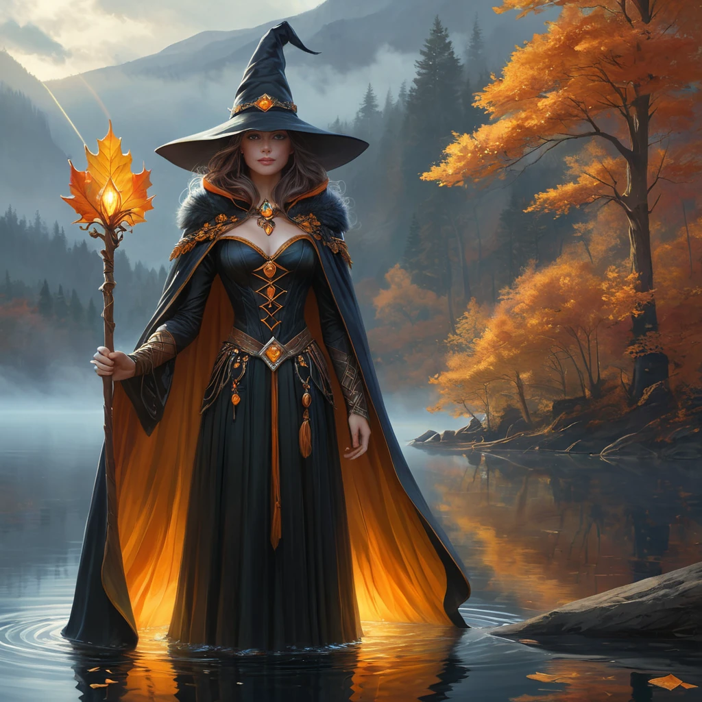 A majestic female witch, adorned in a cloak of autumn leaves, stands at the edge of a vast, misty lake, her staff topped with a glowing, pulsating gem, the water reflecting the vibrant colors of her attire and the surrounding forest.