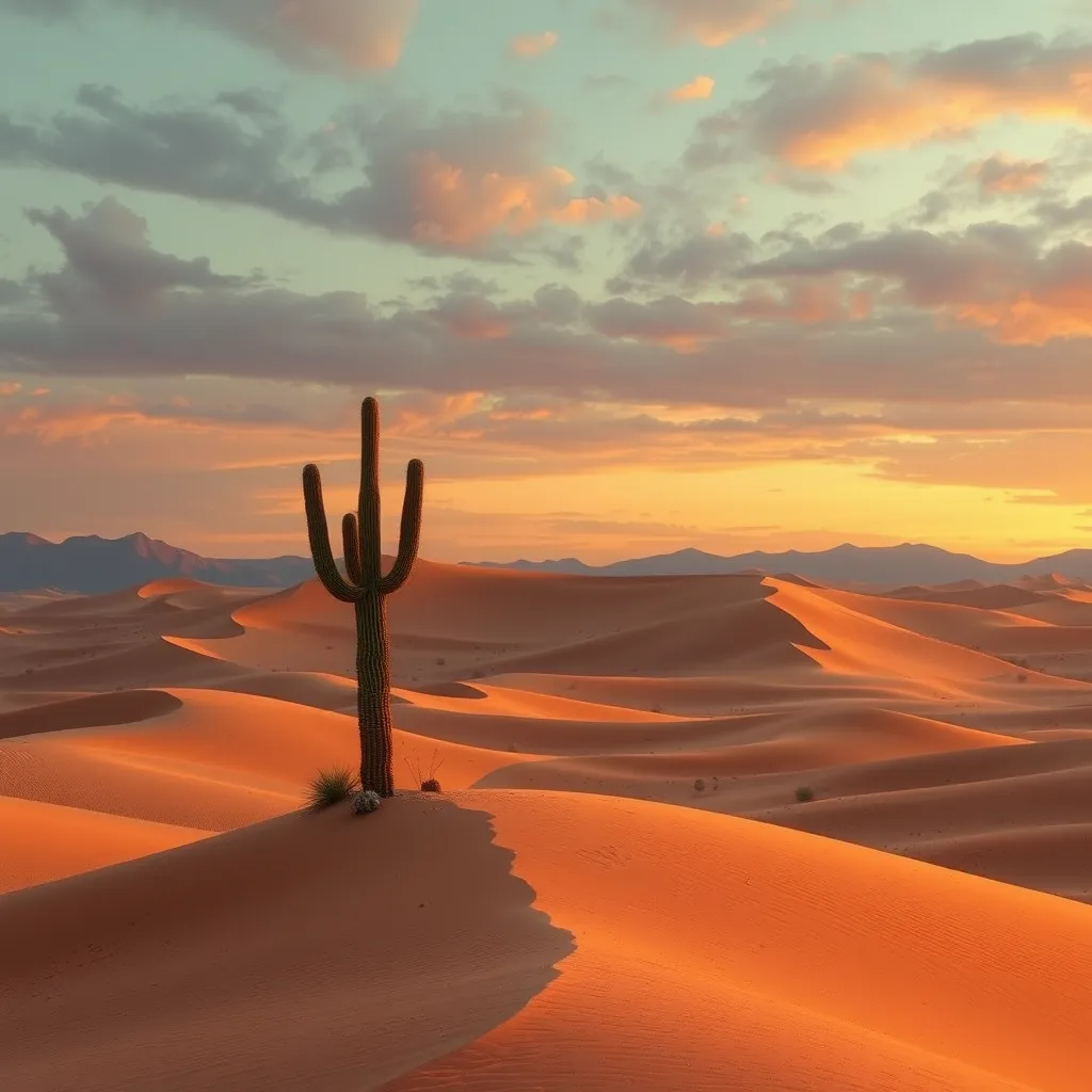 A vast, golden desert under a twilight sky, with dunes sculpted by the wind and a solitary cactus standing vigil.