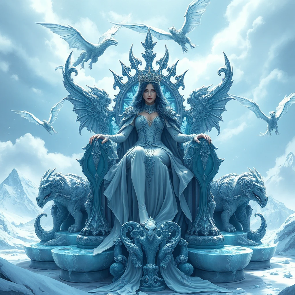 A majestic view of a female ice sorceress seated on a throne made of ice, her presence commanding and regal, with ice dragons circling above her in a frozen sky, the landscape below a vast, icy tundra.