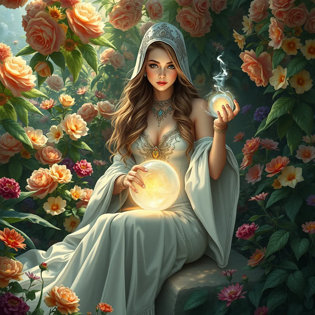 A beautiful female sorceress seated in a lush, overgrown garden, surrounded by blooming flowers of every color, her fingertips gently touching a crystal ball, the air around her shimmering with mystical energy.