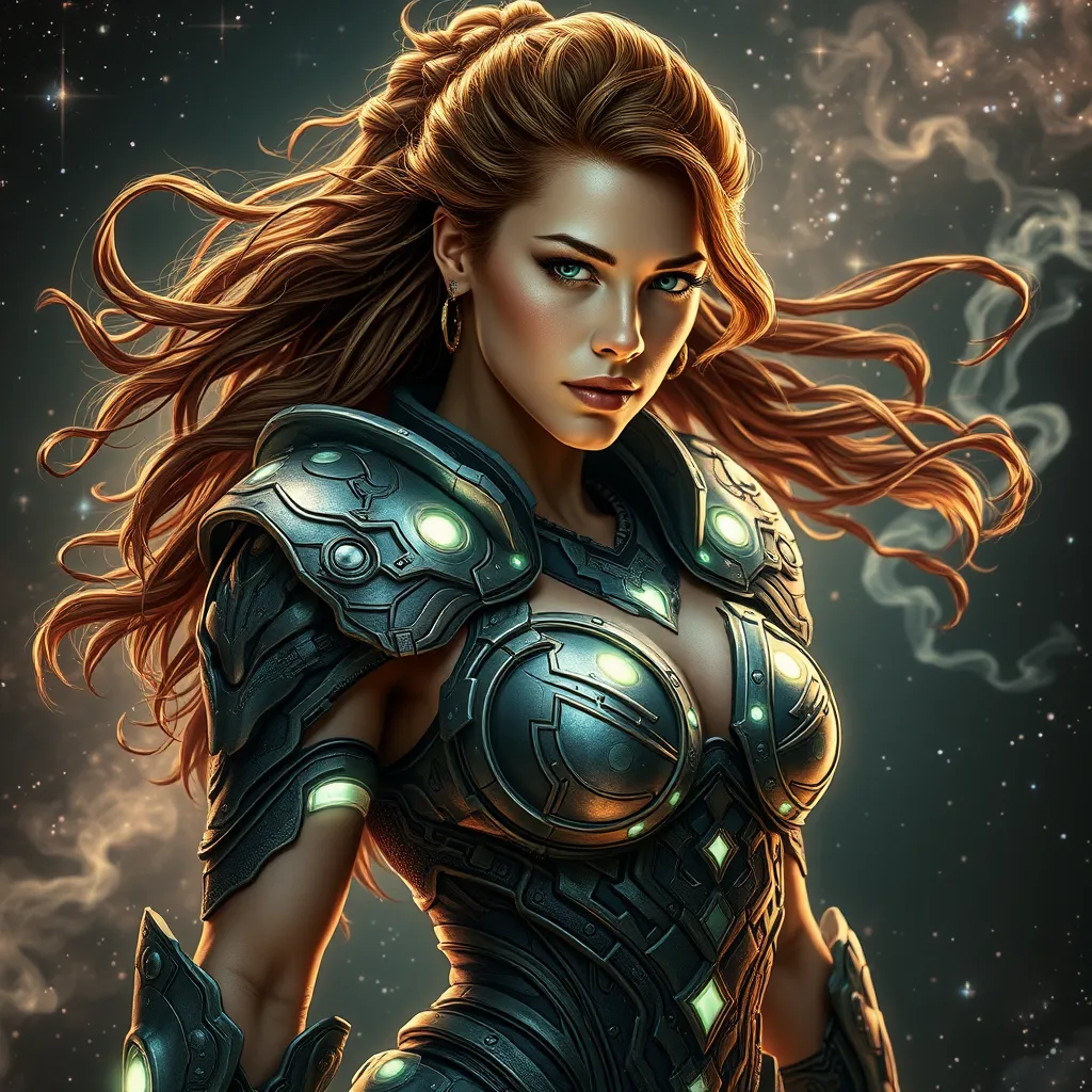 A portrait of Sarah Kerrigan as a powerful yet graceful warrior, her body adorned with intricate, biomechanical armor that pulsates with a soft, bioluminescent glow, her hair flowing like tendrils of smoke, captured in a moment of intense focus, with a backdrop of a star-filled galaxy.