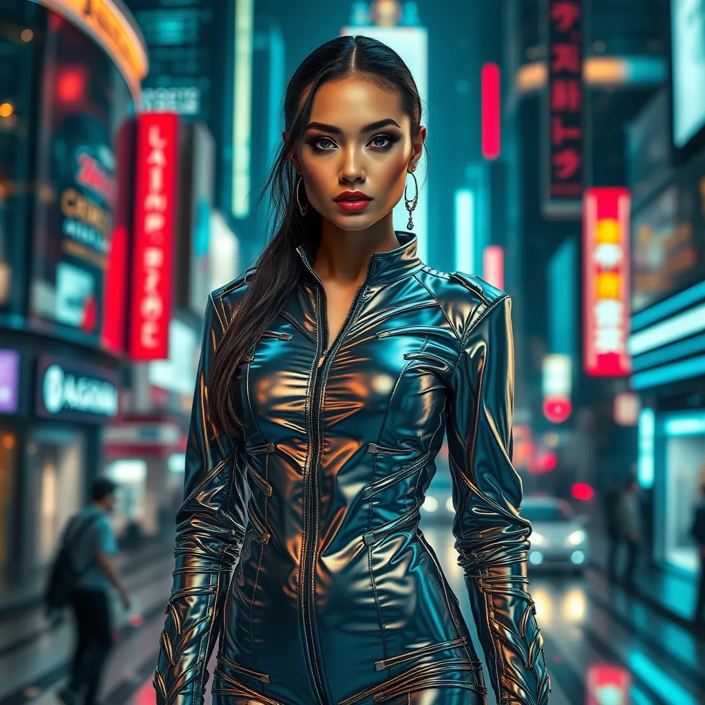 A mesmerizing model in a futuristic, metallic outfit, standing against a backdrop of a bustling city at night, neon lights reflecting off her glossy attire.