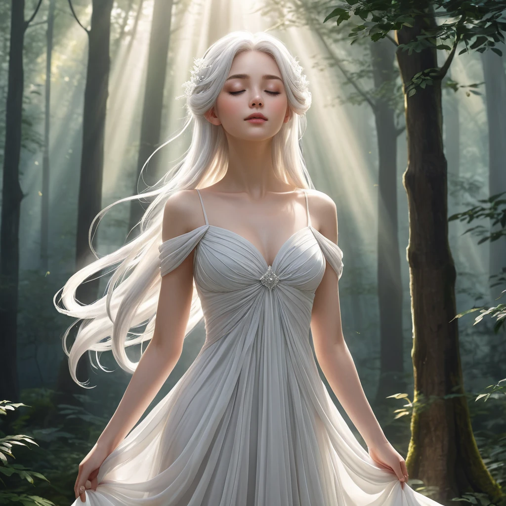 An ethereal anime character with flowing white hair, wearing a simple yet elegant gown, standing in a misty forest, the light filtering through the trees creating a halo around her, her eyes closed in peaceful meditation.