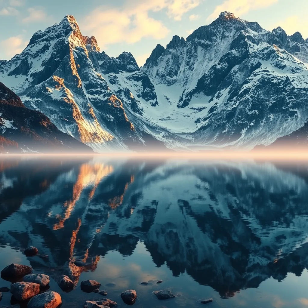 A serene mountain lake at dawn, surrounded by towering peaks dusted with snow, their reflections shimmering on the still water's surface.