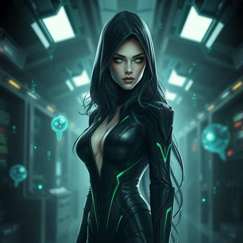 An artistic rendition of Sarah Kerrigan, the Ghost Queen, her form cloaked in a dark, form-fitting suit that contrasts with her pale skin, her eyes a piercing green, set in a dimly lit, atmospheric scene of a high-tech laboratory, with holographic data streams floating around her.