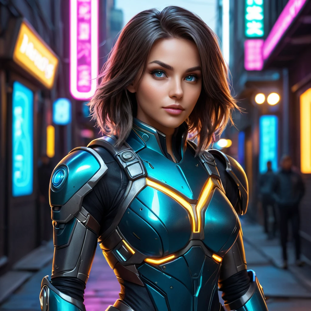 A stunning female rogue from StarCraft, standing amidst a dimly lit, futuristic alleyway, her silhouette sharply defined by neon lights, her eyes gleaming with a mischievous glint, detailed armor reflecting the city's glow, dynamic pose suggesting agility and stealth.