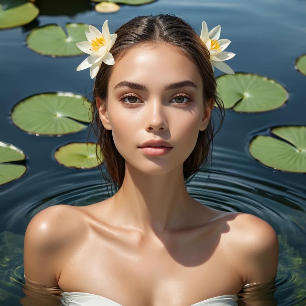 A gorgeous model with a serene expression, floating in a tranquil pool of water, surrounded by lily pads and soft, diffused sunlight creating a halo effect around her.