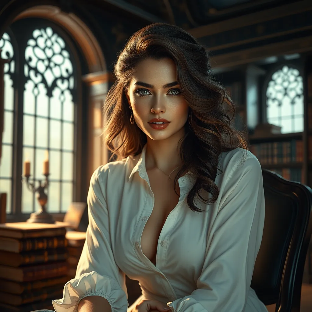 A breathtaking model with an enigmatic smile, seated in a vintage library, surrounded by ancient tomes and soft, warm light filtering through ornate windows.