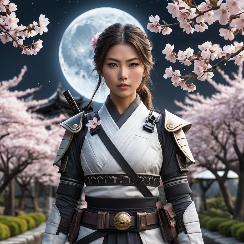 A beautiful female ninja standing amidst a serene cherry blossom garden under a full moon, her outfit a blend of traditional Japanese attire and modern tactical gear, her eyes sharp and focused, with soft, ethereal lighting enhancing her mysterious presence