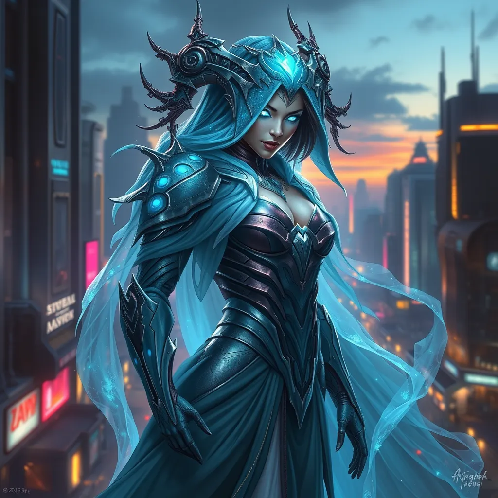 Sarah Kerrigan, the Queen of Blades, depicted in a stunning digital painting, her form cloaked in a flowing, ethereal gown that shimmers with the colors of a nebula, her eyes glowing with a fierce, yet captivating, blue light, set against a backdrop of a futuristic cityscape at twilight, with neon lights reflecting off her armor.