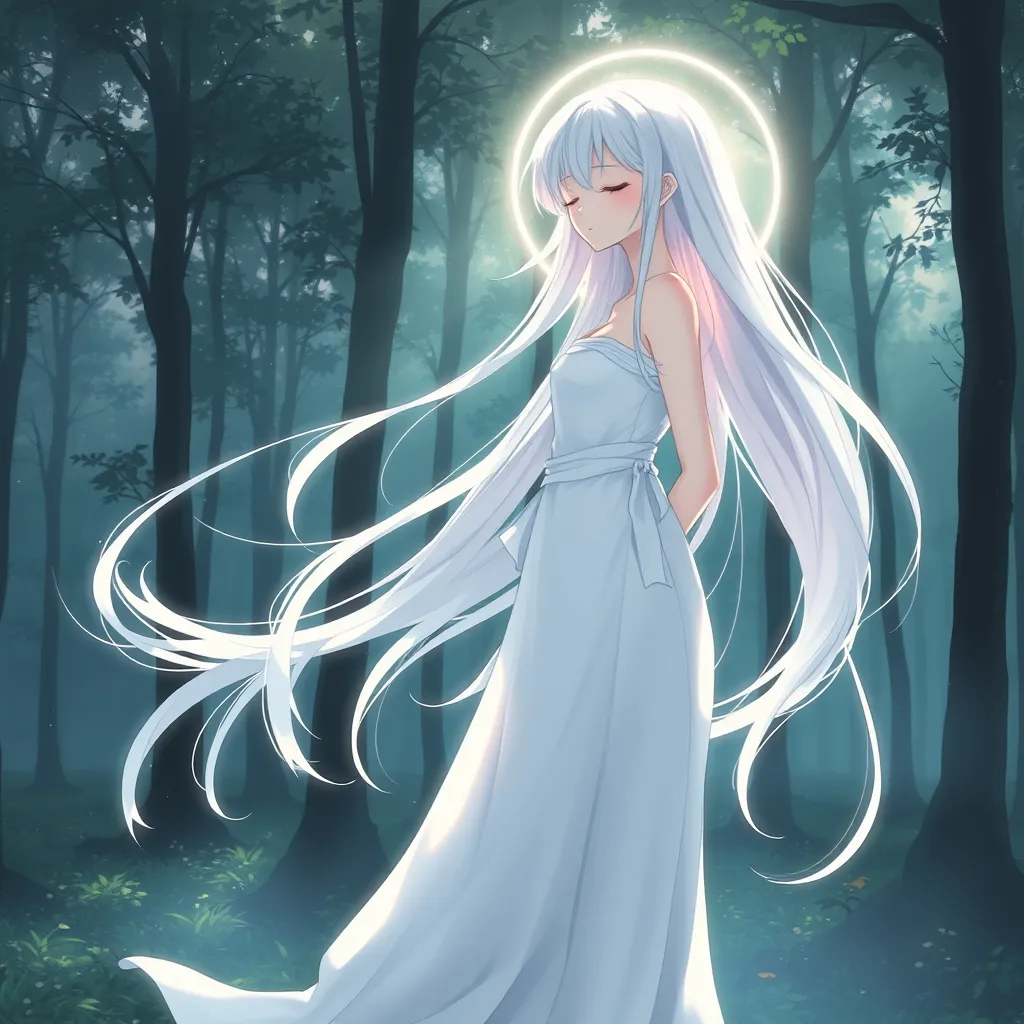 An ethereal anime character with flowing white hair, wearing a simple yet elegant gown, standing in a misty forest, the light filtering through the trees creating a halo around her, her eyes closed in peaceful meditation.