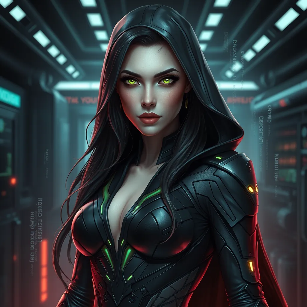 An artistic rendition of Sarah Kerrigan, the Ghost Queen, her form cloaked in a dark, form-fitting suit that contrasts with her pale skin, her eyes a piercing green, set in a dimly lit, atmospheric scene of a high-tech laboratory, with holographic data streams floating around her.