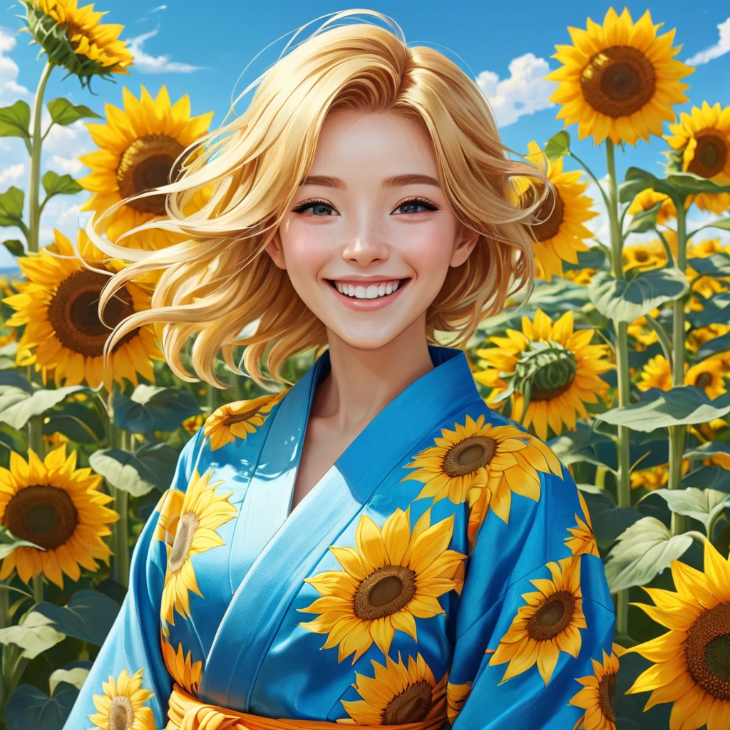 A cheerful anime character with bright golden hair, dressed in a vibrant yukata, surrounded by a field of sunflowers under a clear blue sky, her laughter echoing through the fields.