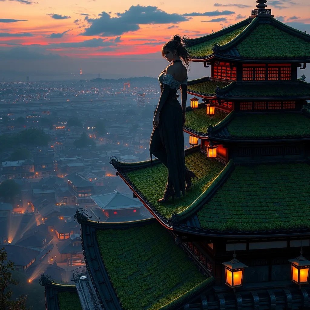 A stunning female ninja perched atop a moss-covered roof of a traditional Japanese temple, the cityscape below her sprawling and illuminated by the soft glow of lanterns, her silhouette sharply defined against the twilight sky