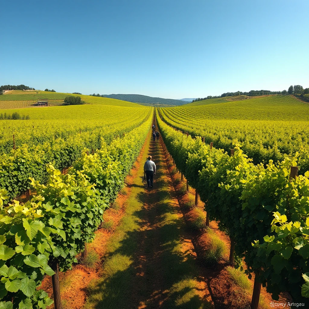 A sprawling, vibrant vineyard at harvest time, rows of grapevines stretching to the horizon under a clear, blue sky, with workers bustling among the vines.