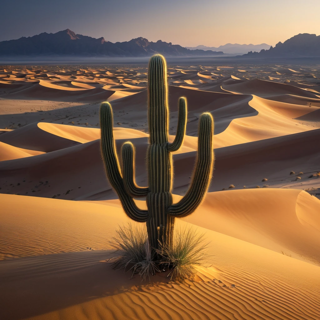 A vast, golden desert under a twilight sky, with dunes sculpted by the wind and a solitary cactus standing vigil.