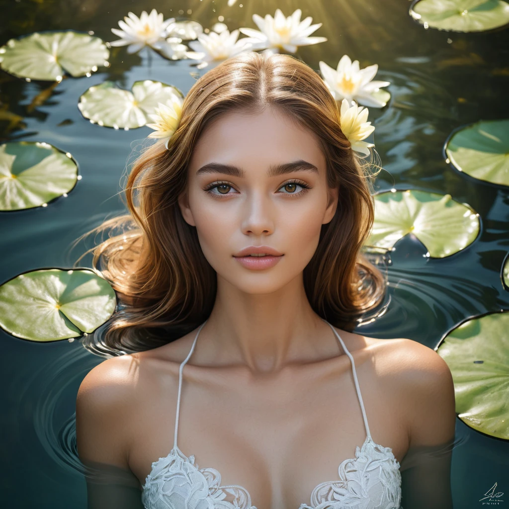 A gorgeous model with a serene expression, floating in a tranquil pool of water, surrounded by lily pads and soft, diffused sunlight creating a halo effect around her.