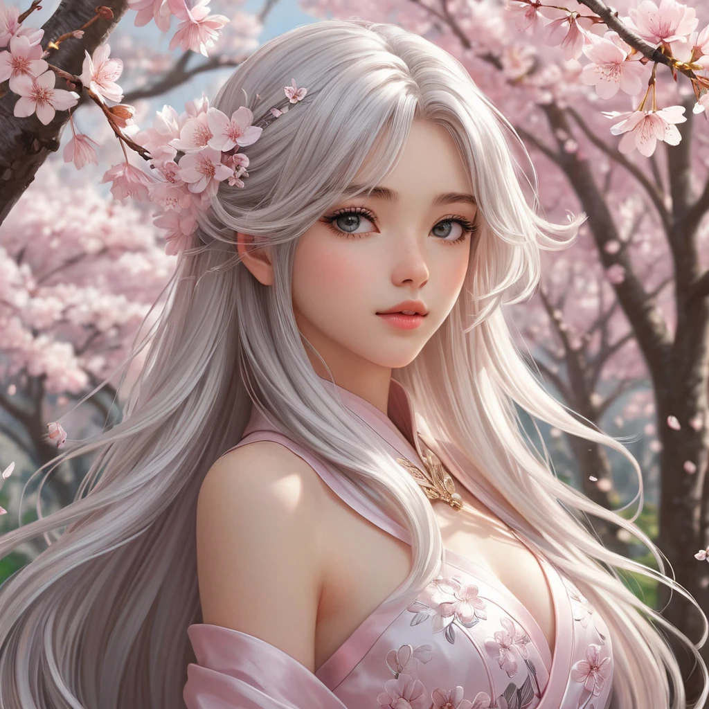 A serene anime character with long silver hair, standing amidst a cherry blossom forest, the petals swirling around her in a gentle breeze, her eyes reflecting the soft pink hues of the blossoms.